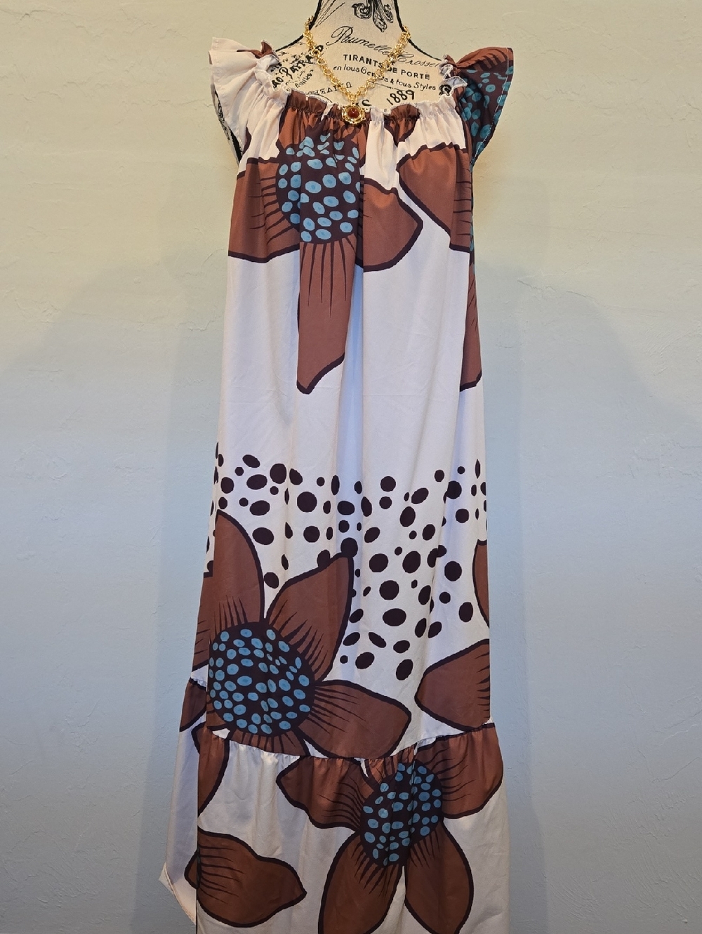 New Cream Maxi Dress Brown Leopard  Turquouse Floral Print  Cap Ruffle Sleeve
